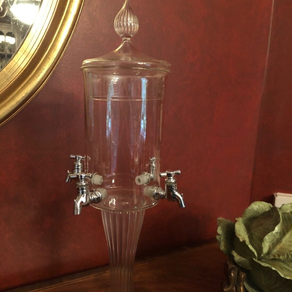 Clear Glass lidded beverage dispenser, 4 spouts 19"
